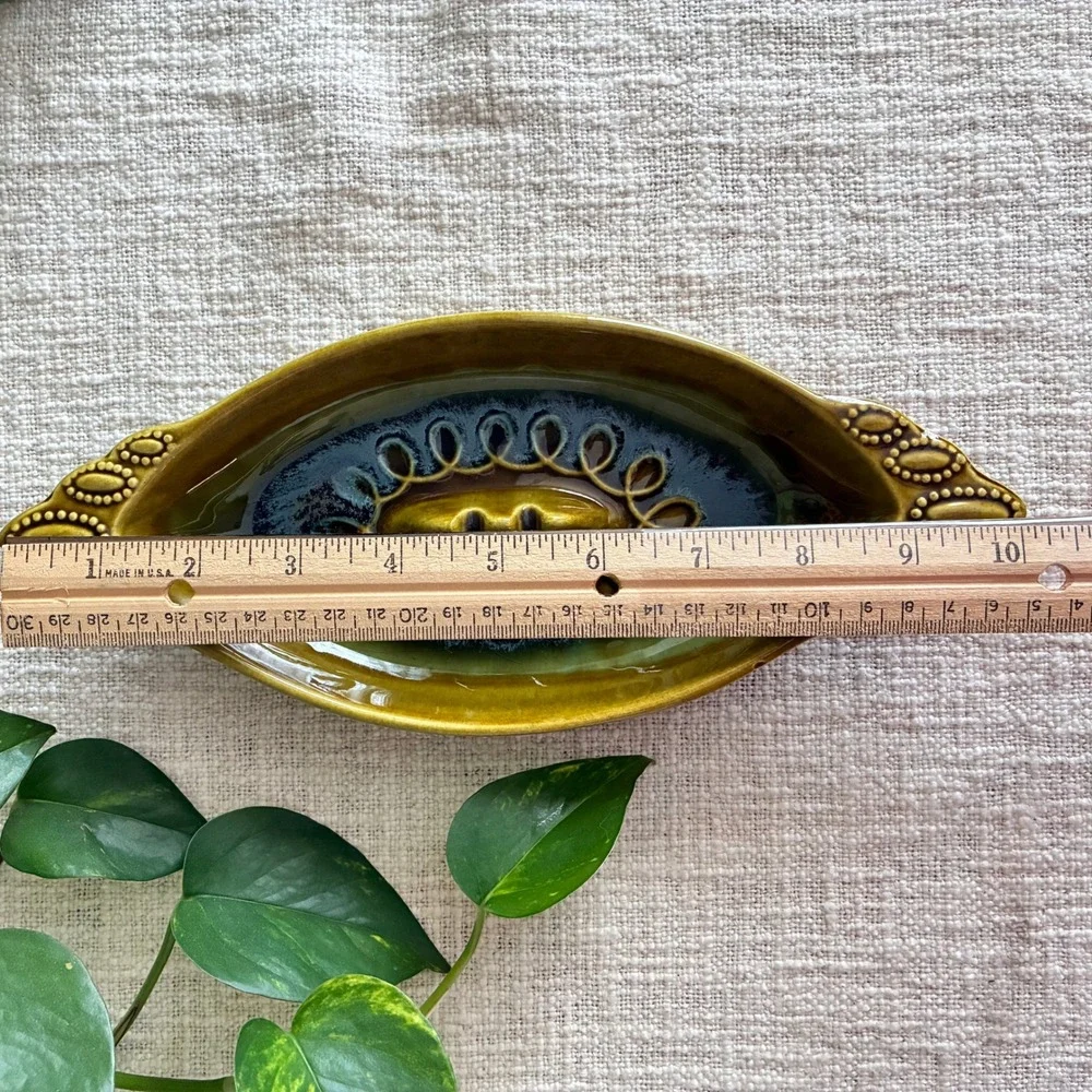 Vintage 1960s Ashtray Olive Green Blue Drip Glaze MCM Calif Pottery USA E9-11